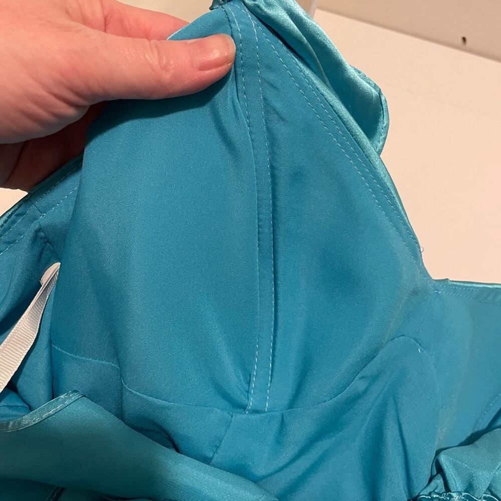 NWT Faeriesty Brand Satin Ruffle Mini Dress Size 2 XS NWT Aqua Blue Party Short - Picture 7 of 8